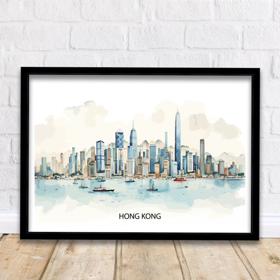 Hong Kong Skyline Travel Poster, Victoria Harbour