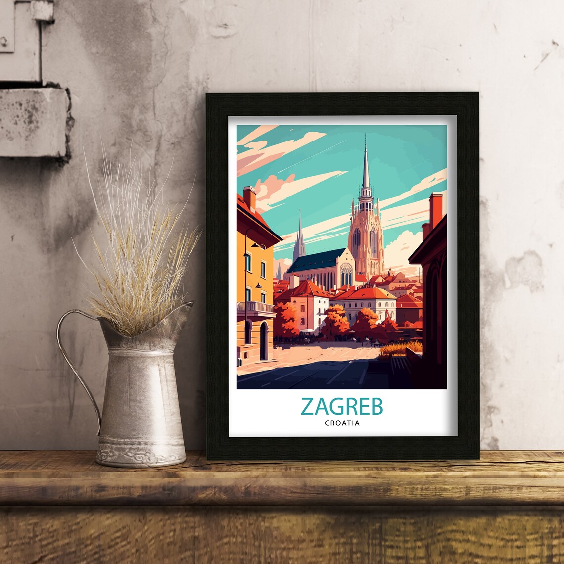 Zagreb Croatia Cathedral Old Town Street Scene Travel Poster - Image 3