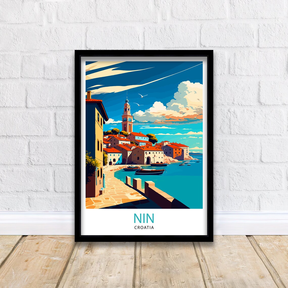 Nin Croatia Coastal Old Town Church Tower Boats Vintage Travel Poster - Image 2