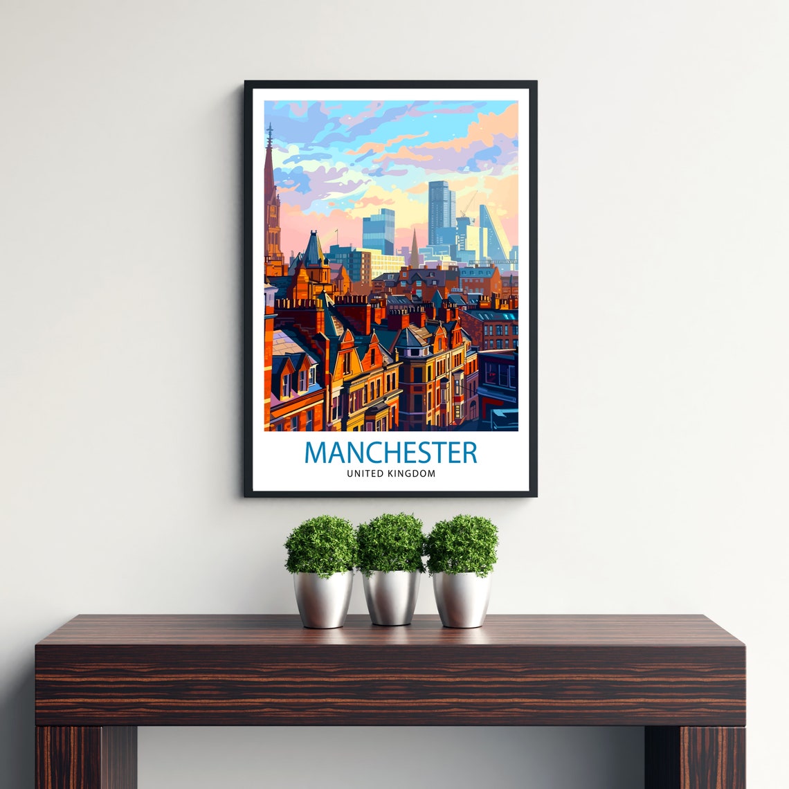 Manchester United Kingdom Brick Rooftops Skyline Travel Poster - Image 3