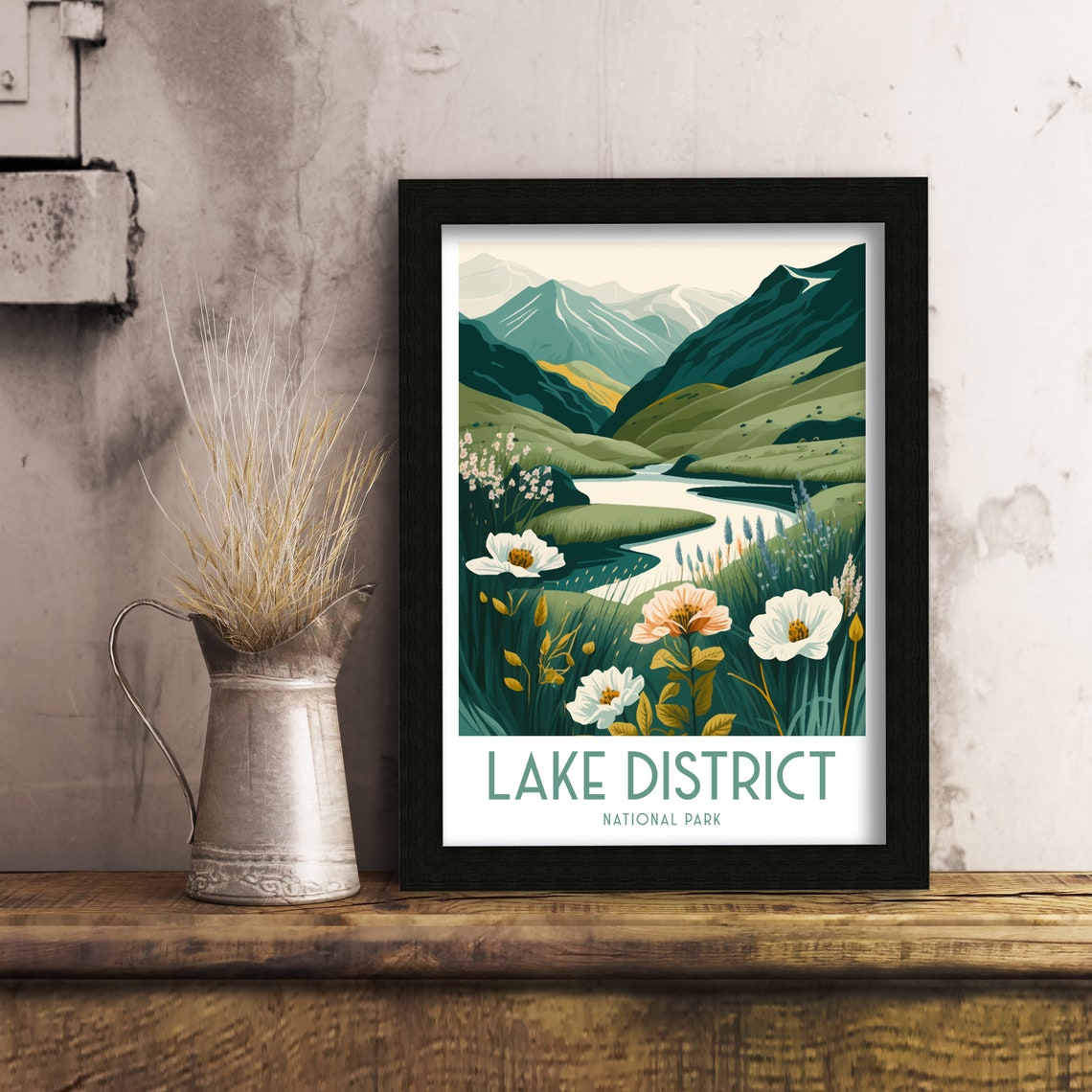 Lake District National Park Green Valley Wildflowers Stream Art Poster - Image 3
