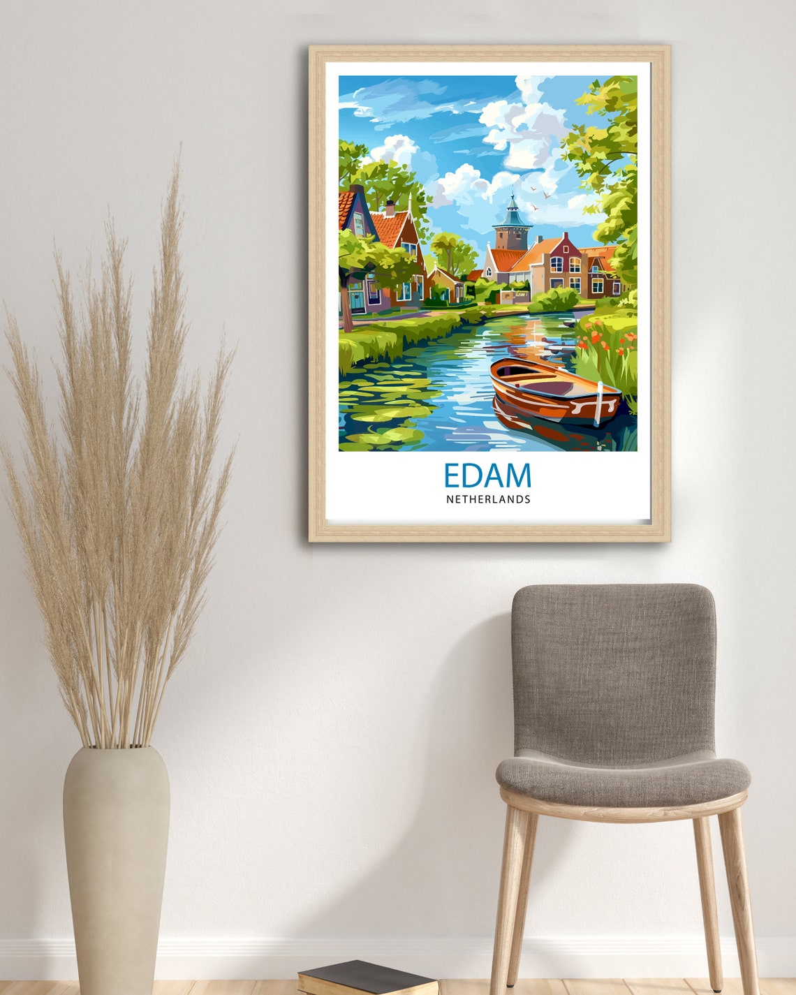 Edam Netherlands Quiet Canal Rowboat Church Tower Town Travel Poster - Image 2