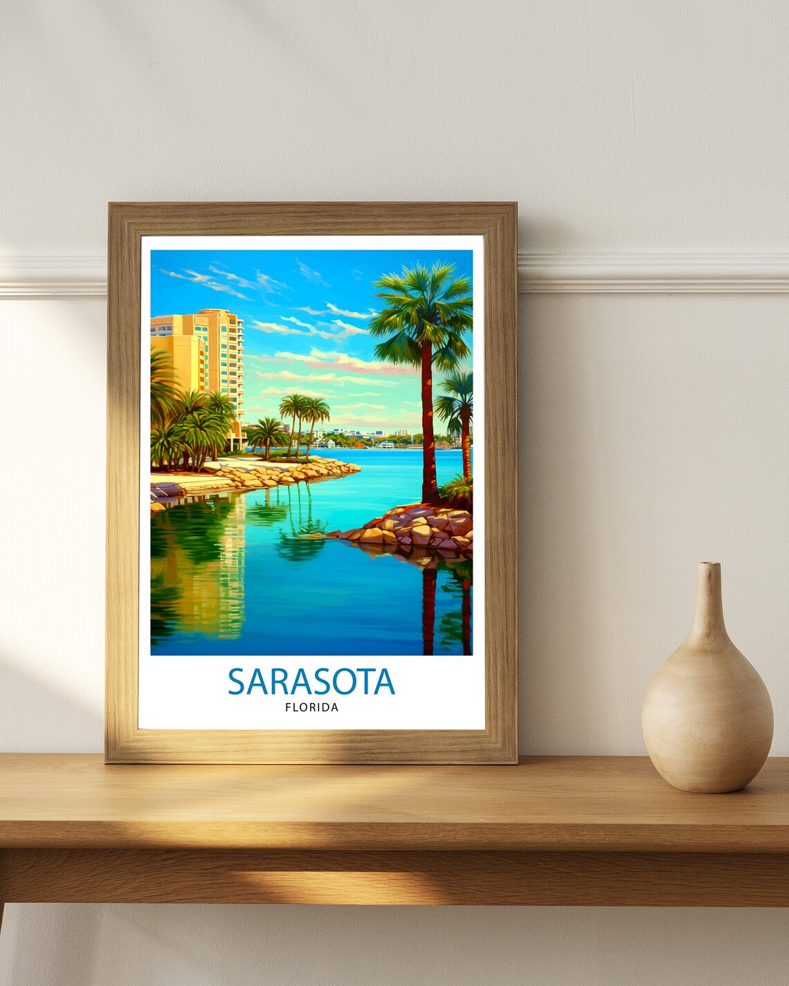 Sarasota Florida Bay Palm Trees Waterfront Towers Bright Travel Poster - Image 3
