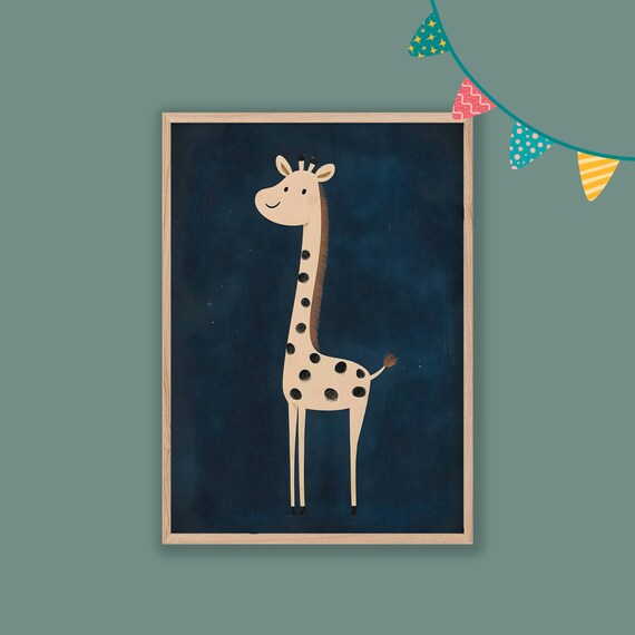 Cute Giraffe Navy Night Sky Starry Kids Bedroom Animal Wall Poster