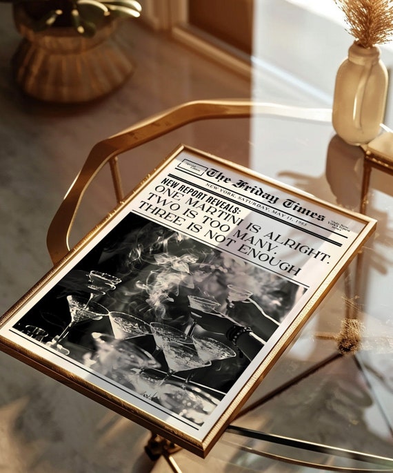 One Two Three Martinis Trendy New York Newspaper Print Vintage Bar Cart Retro Wall Art Newspaper Headline Poster College Apartment Decor