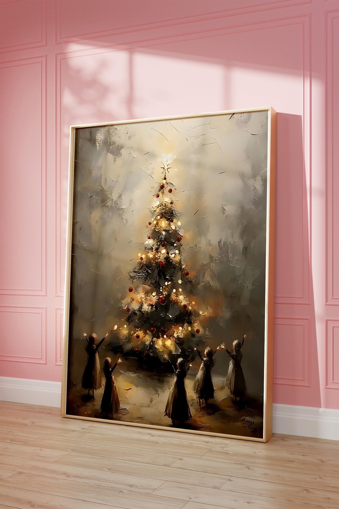 Children Around A Lit Christmas Tree Vintage Holiday Scene Art Poster - Image 3