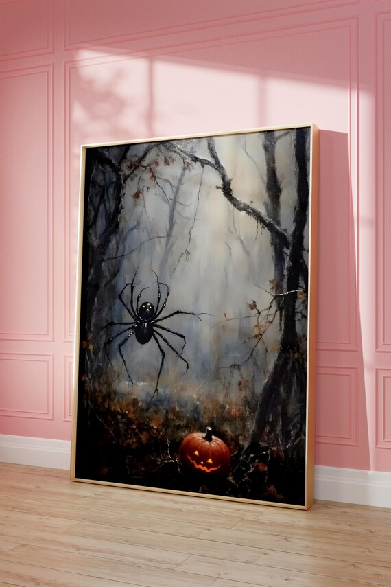 Halloween Spider Dark Forest Jack o Lantern Spooky Vintage Art Poster