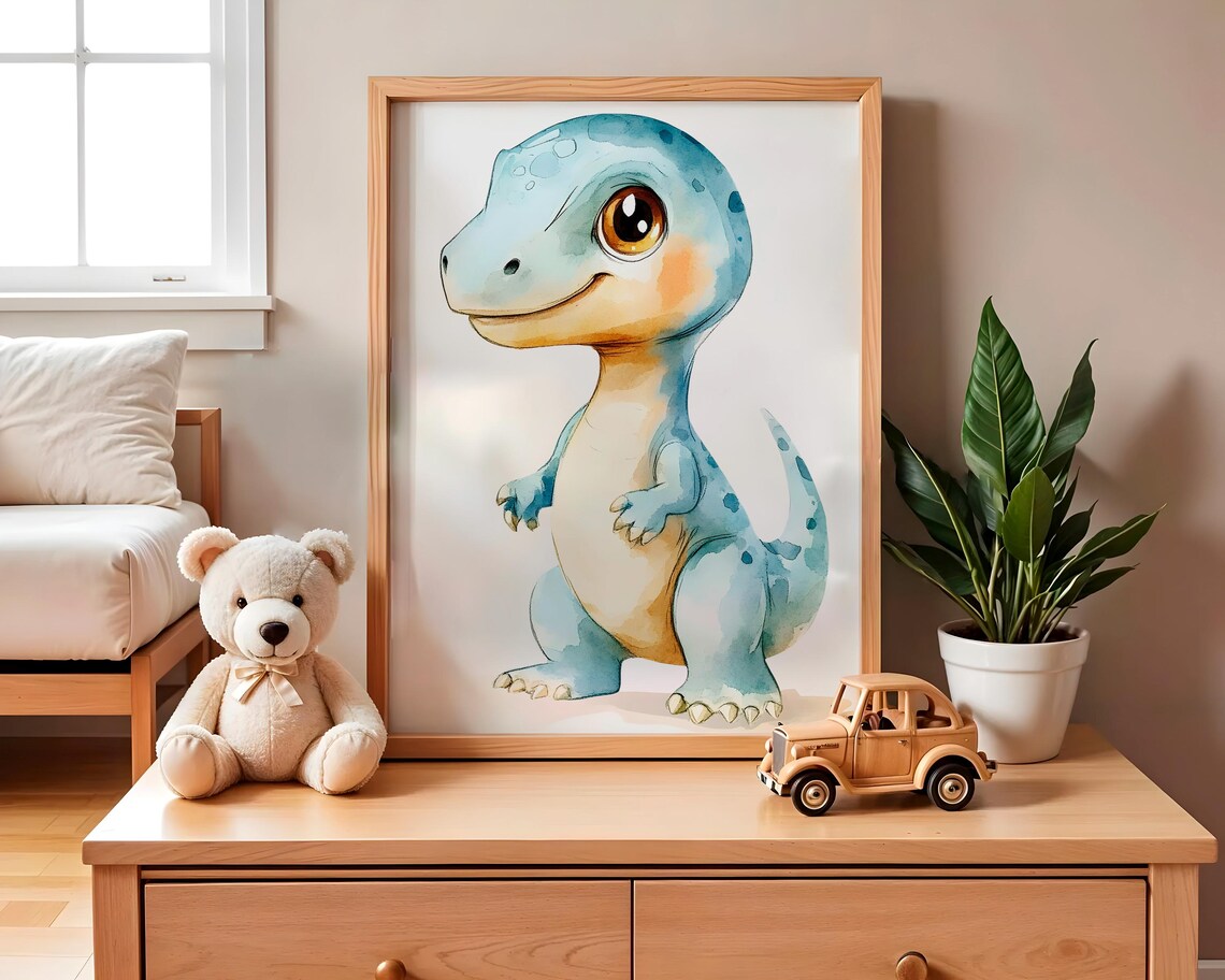 Sweet Cute Blue Watercolor Baby Dinosaur Nursery Art Decor Poster - Image 2