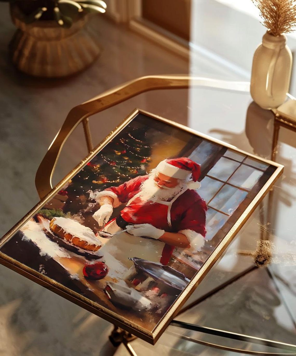 Santa Claus Baking Christmas Cake Vintage Holiday Kitchen Art Poster - Image 2