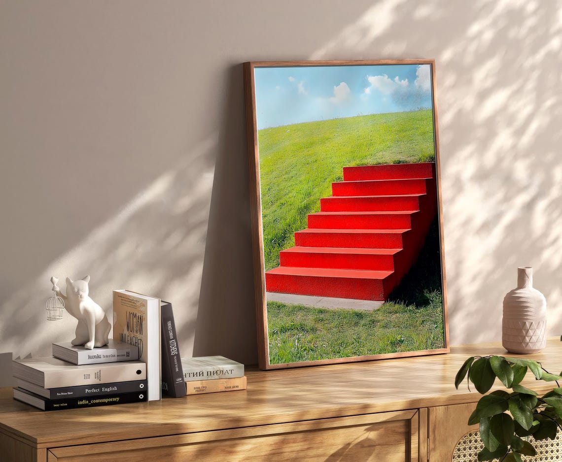 Bold Red Staircase Up Green Hill Minimalist Surreal Photo Poster - Image 2