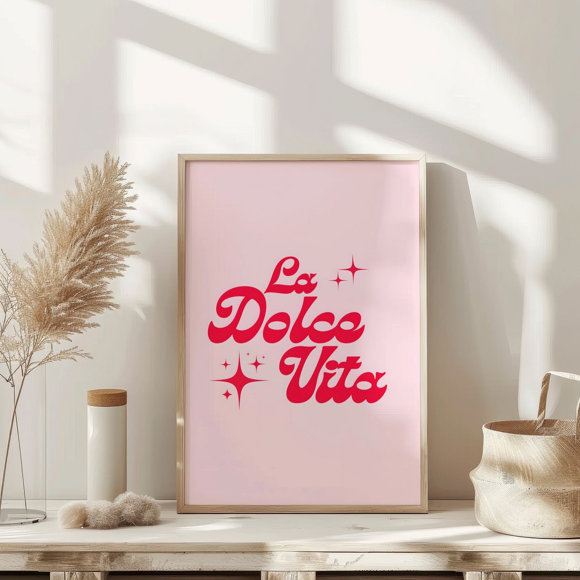 La Dolce Vita Pink Script Sparkle Italian Quote Retro Wall Art