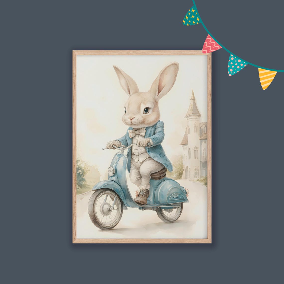 Bunny Riding A Blue Scooter Storybook Adventure Nursery Wall Poster - Image 2