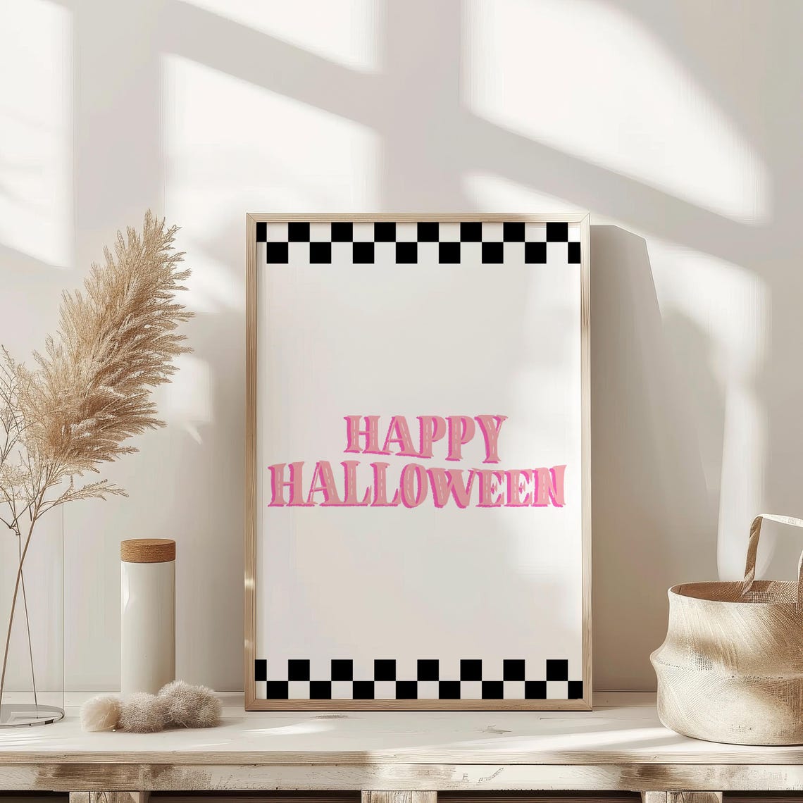 Pink Happy Halloween Checkered Border Cute Retro Typography Poster - Image 3
