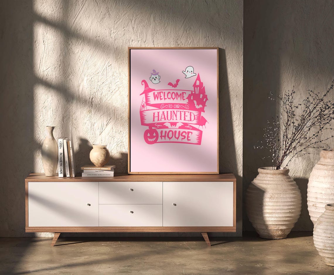 Cute Pink Welcome To Our Haunted House Ghosts Halloween Decor Poster - Image 2