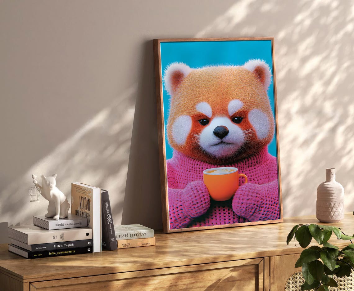 Cute Red Panda In Pink Sweater With Latte Cup Cozy Animal Poster - Image 2