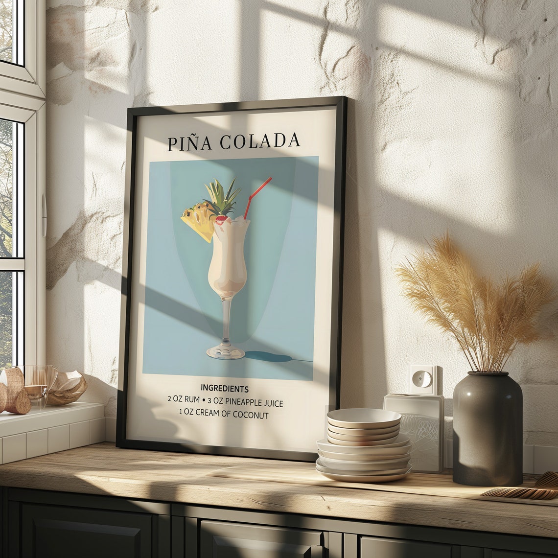 Pina Colada Cocktail Recipe Illustration Retro Kitchen Bar Poster