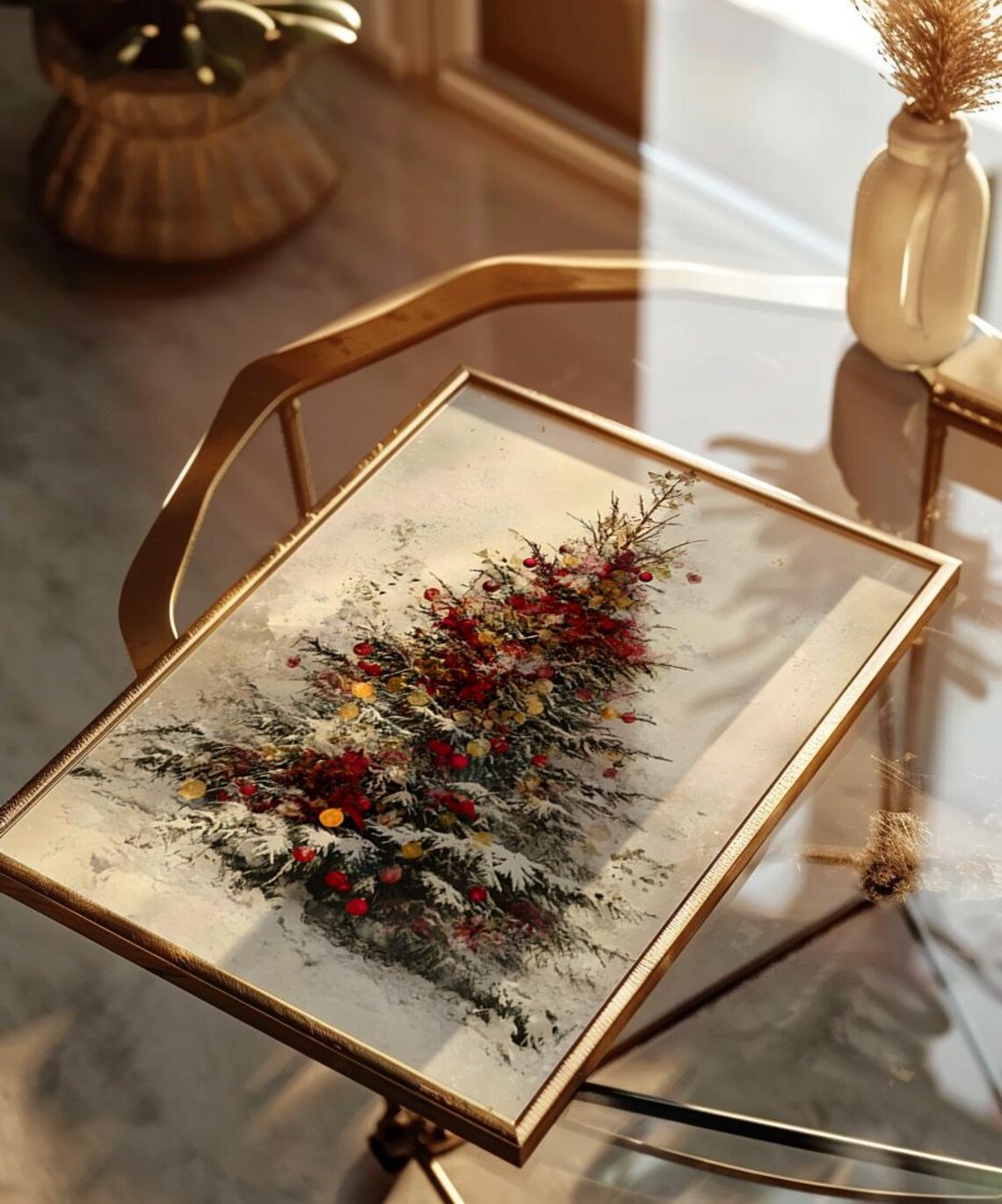 Snowy Christmas Tree In Red And Gold Watercolor Holiday Art Poster - Image 2