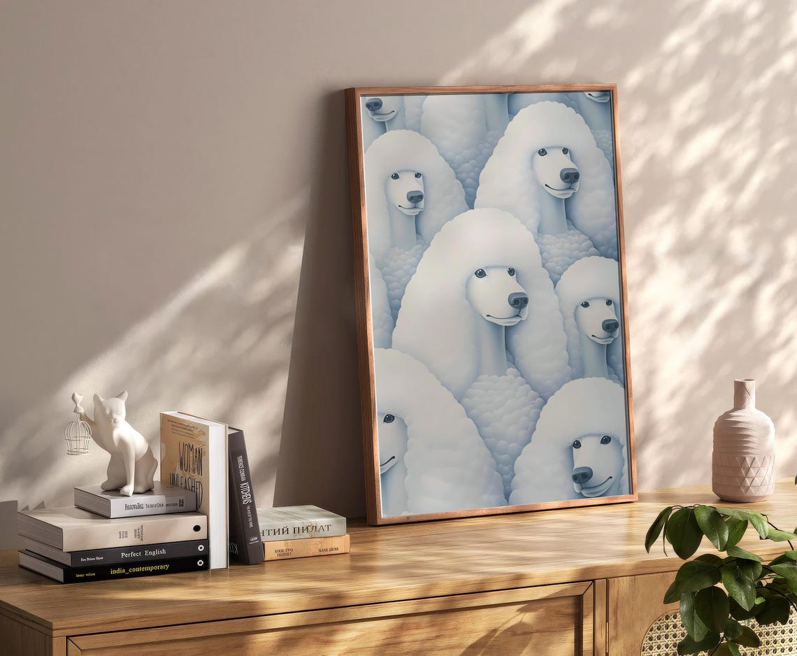 Whimsical White Poodles Pattern Smiling Dogs Illustration Poster - Image 2