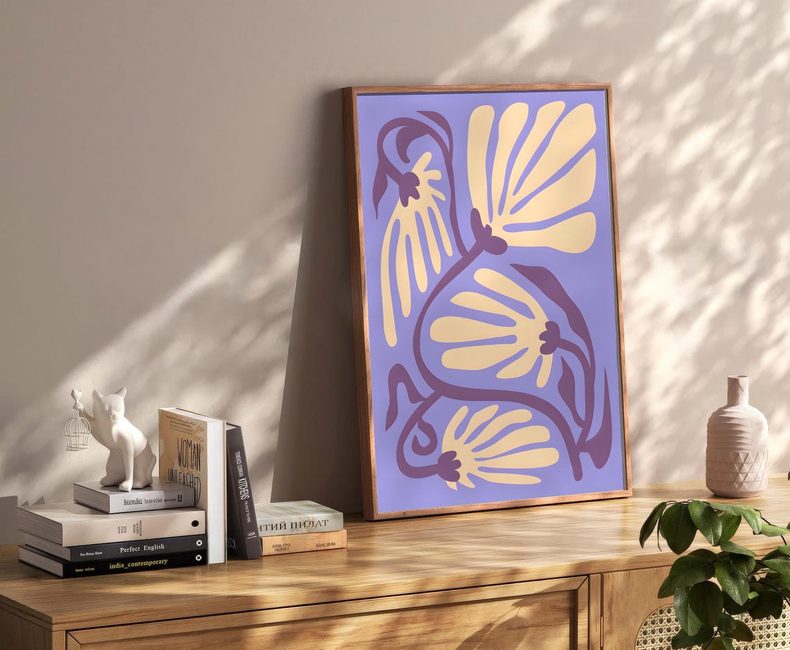 Purple Botanical Leaf Abstract Gold Cream Modern Chic Wall Art - Image 2