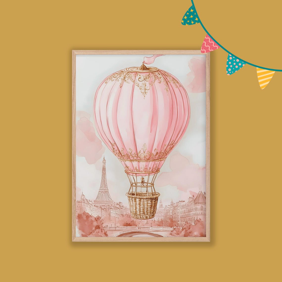 Pink Hot Air Balloon Over Paris Eiffel Tower Watercolor Poster