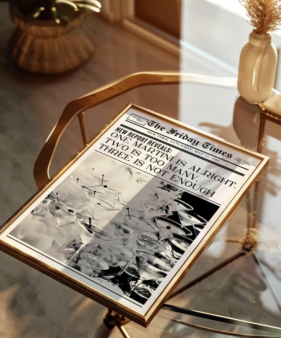 Not Enough Martinis Trendy New York Newspaper Print Vintage Bar Cart Retro Wall Art Newspaper Headline Poster College Apartment Decor