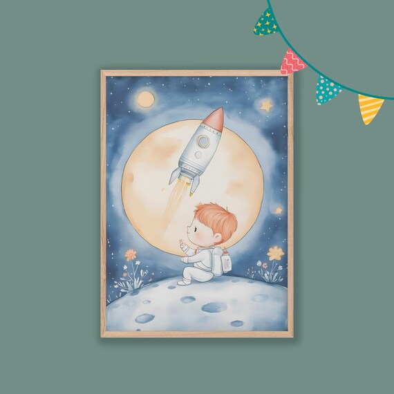 Dreamy Baby Astronaut Rocket Moonlit Watercolor Nursery Kids Poster