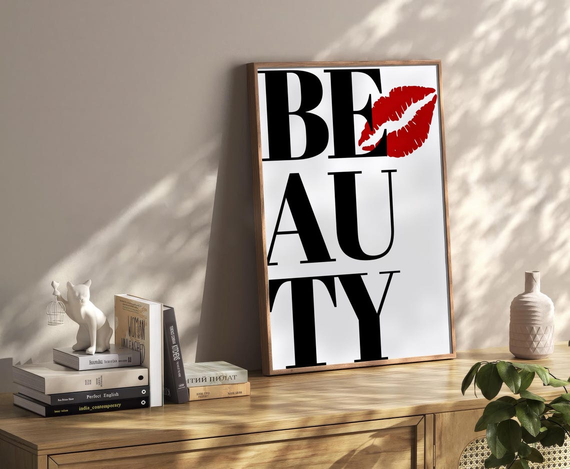 Beauty Red Lips Kiss Bold Typography Chic Vanity Wall Poster - Image 2
