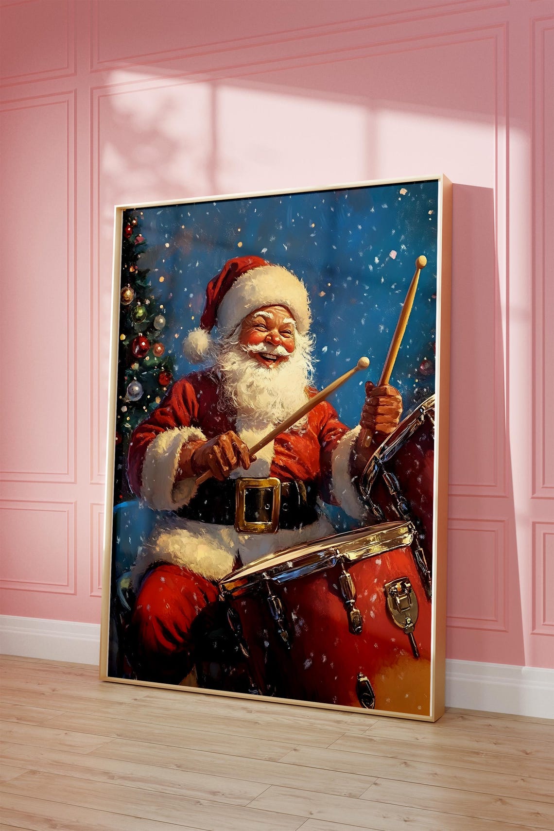 Santa Claus Drummer Playing Red Drums Vintage Christmas Poster - Image 3