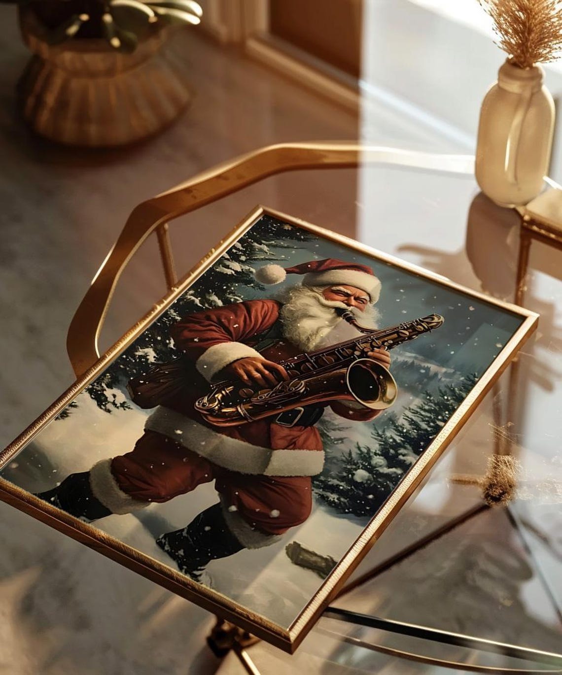 Santa Playing Saxophone In Falling Snow Jazz Christmas Art Poster - Image 2