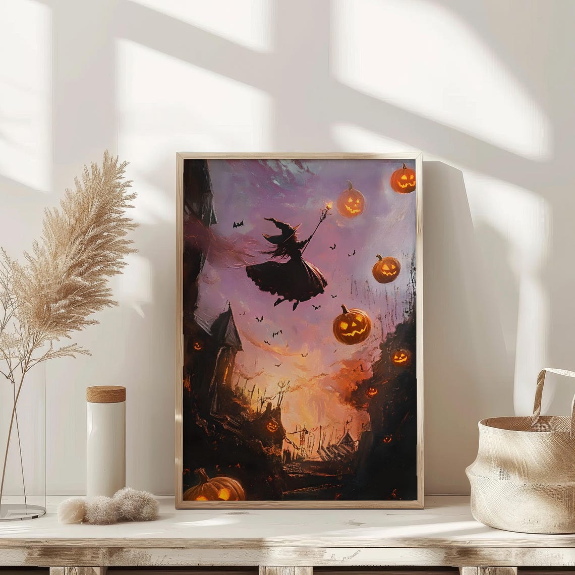 Witch Flying Over Pumpkins Purple Night Sky Dark Academia Art Poster - Image 2