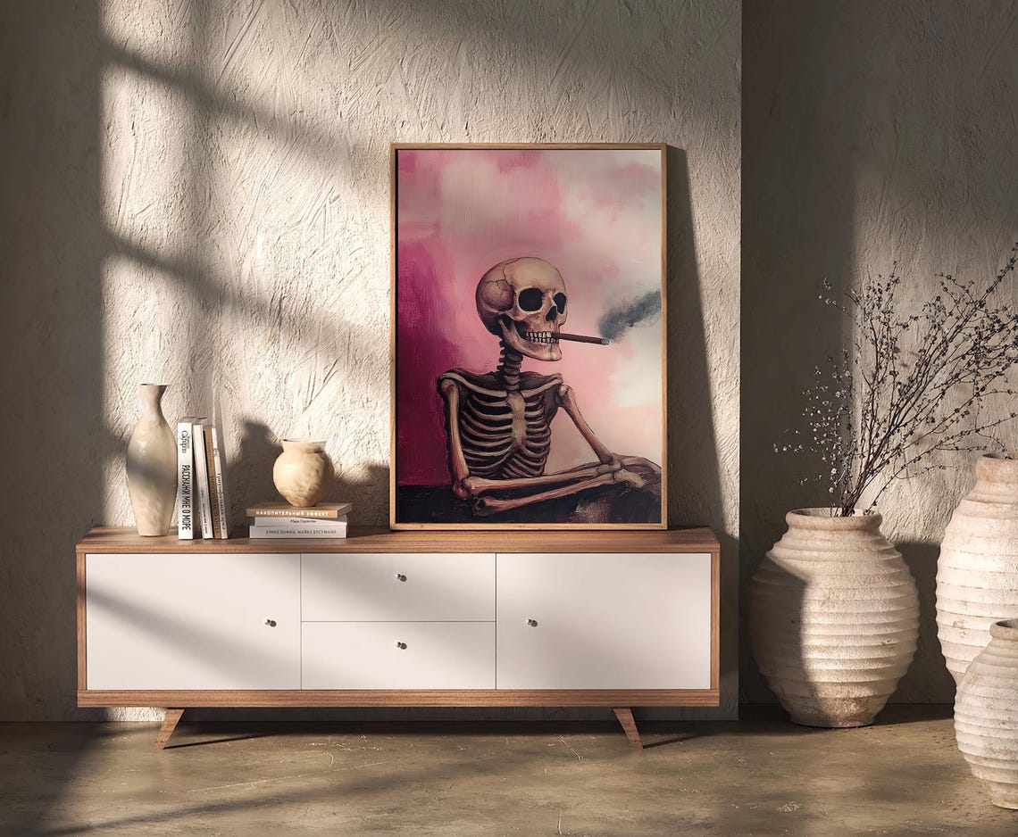 Smoking Skeleton Pink Moody Dark Academia Halloween Art Print - Image 2