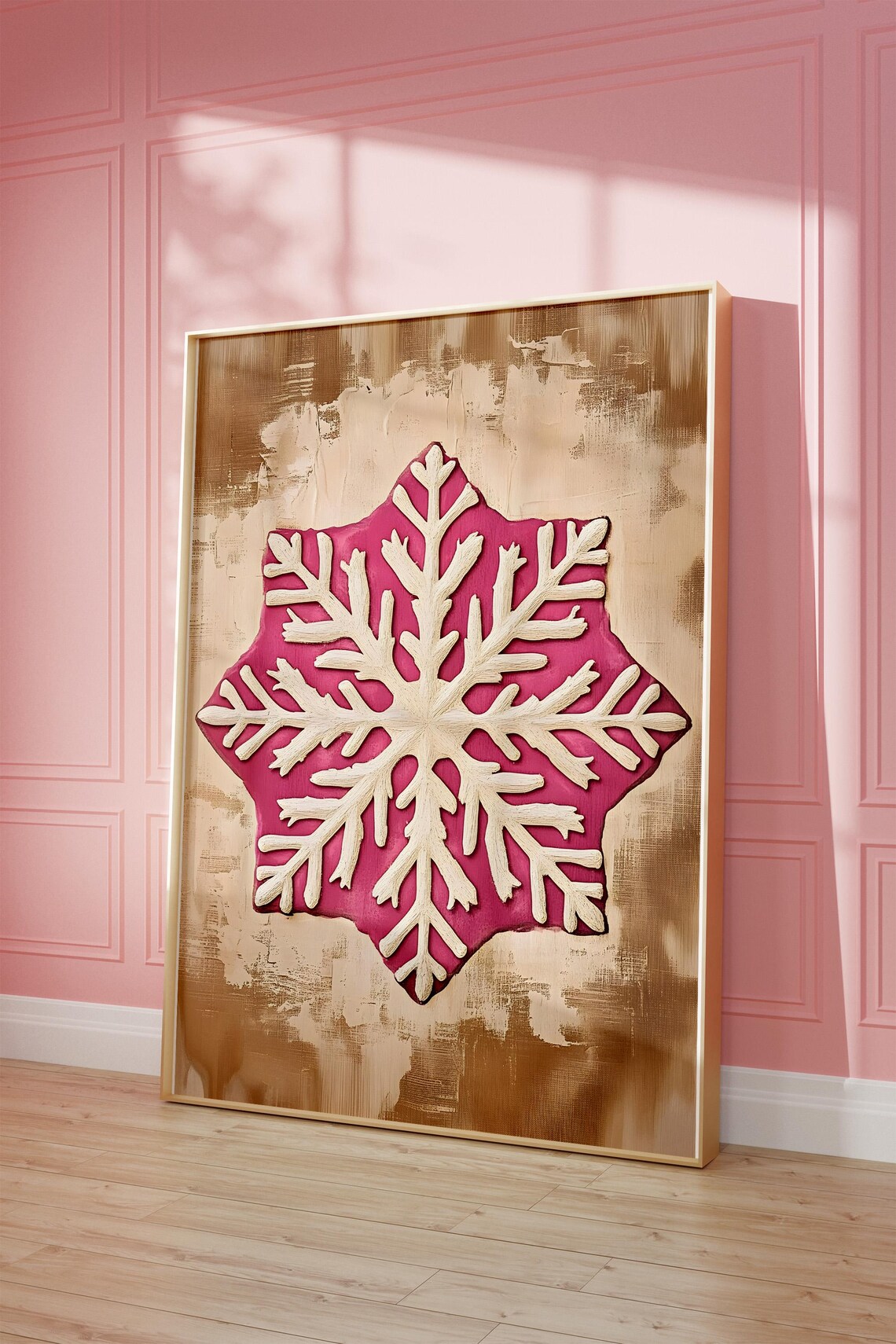 Pink And Cream Snowflake On Textured Beige Holiday Art Poster - Image 3