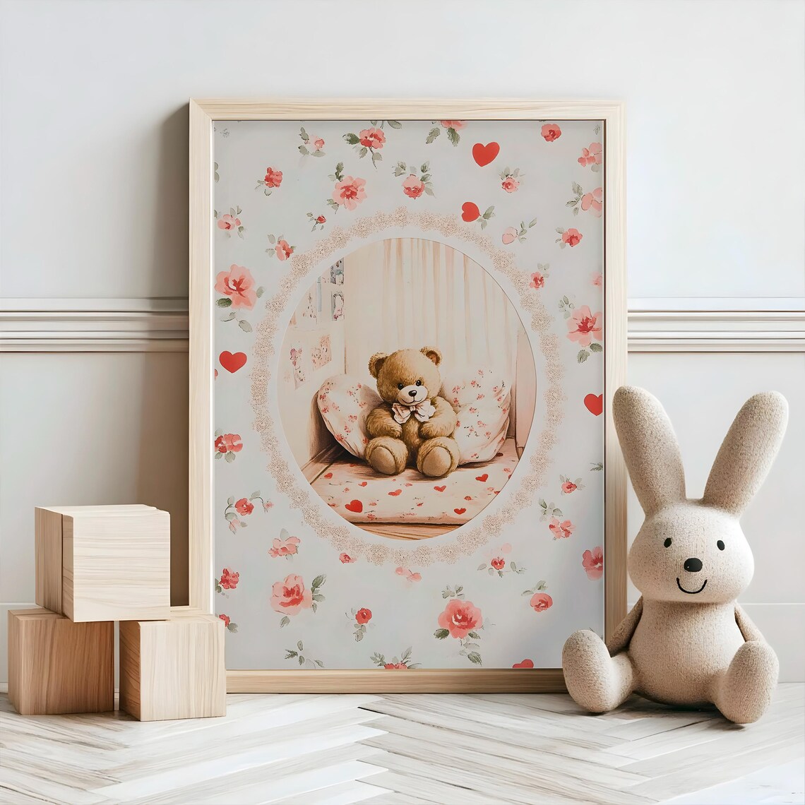Vintage Teddy Bear in Floral Heart Oval Sweet Nursery Wall Art - Image 2