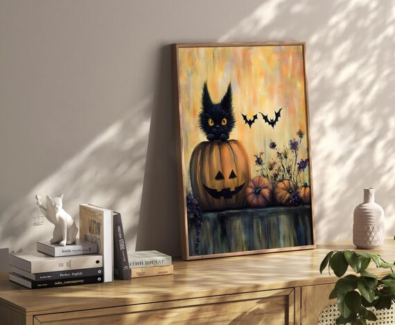 Black Cat On Jack O Lantern Bats Cute Halloween Painting Poster