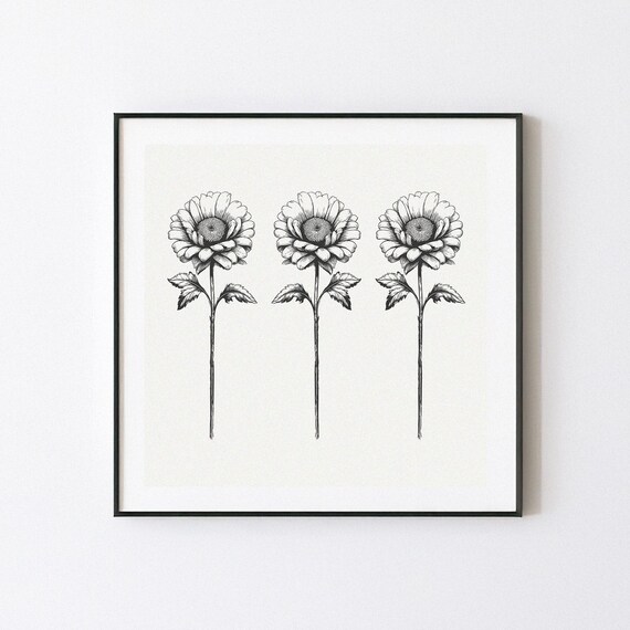 Three White Flowers Black and White Botanical Line Art Poster