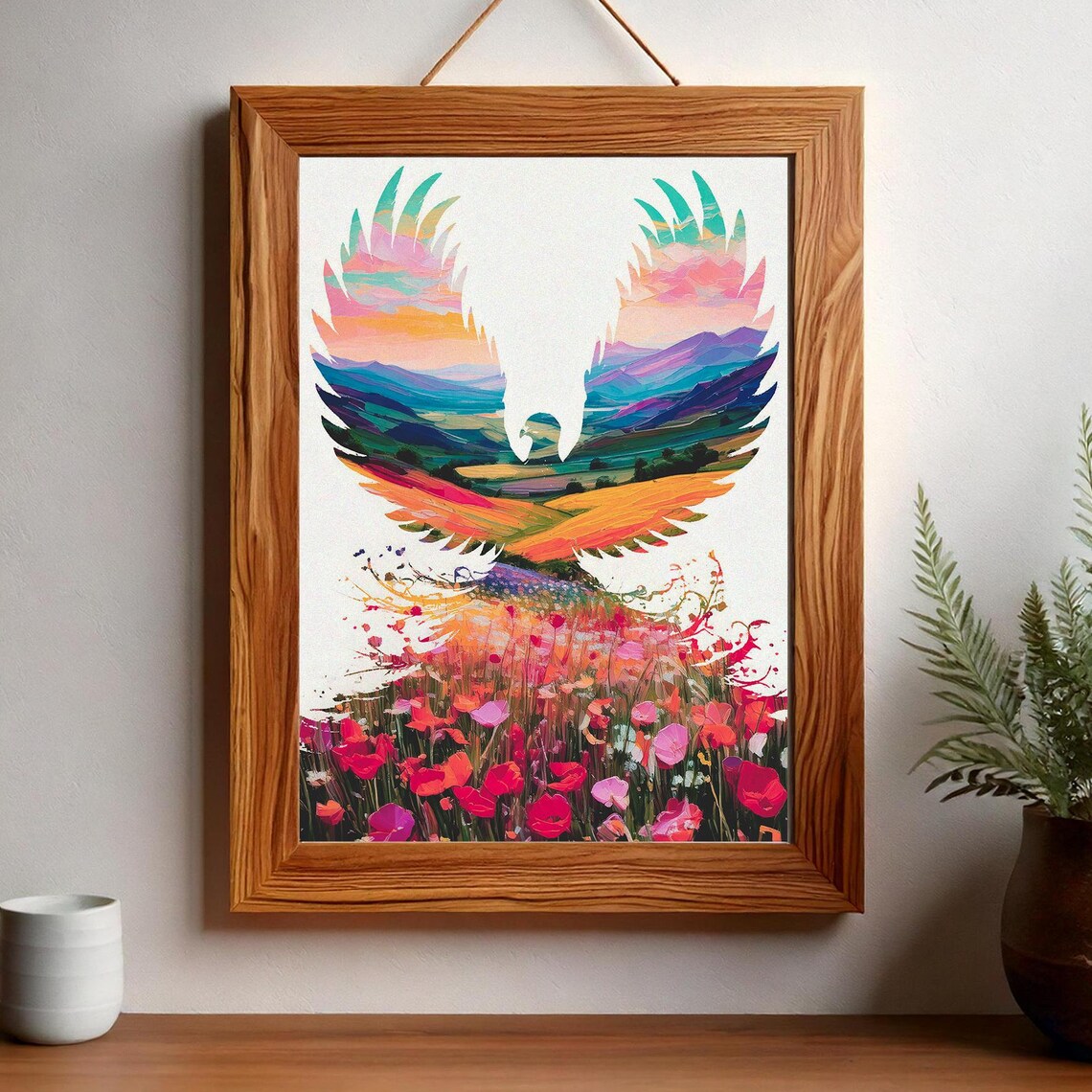 Colorful Phoenix Rising from Flowers Double Exposure Art Poster