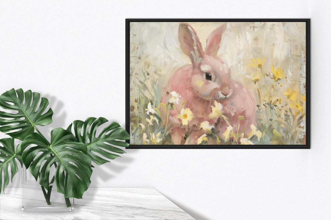 Pink Bunny In Wildflower Meadow Soft Vintage Easter Rabbit Art Poster - Image 4