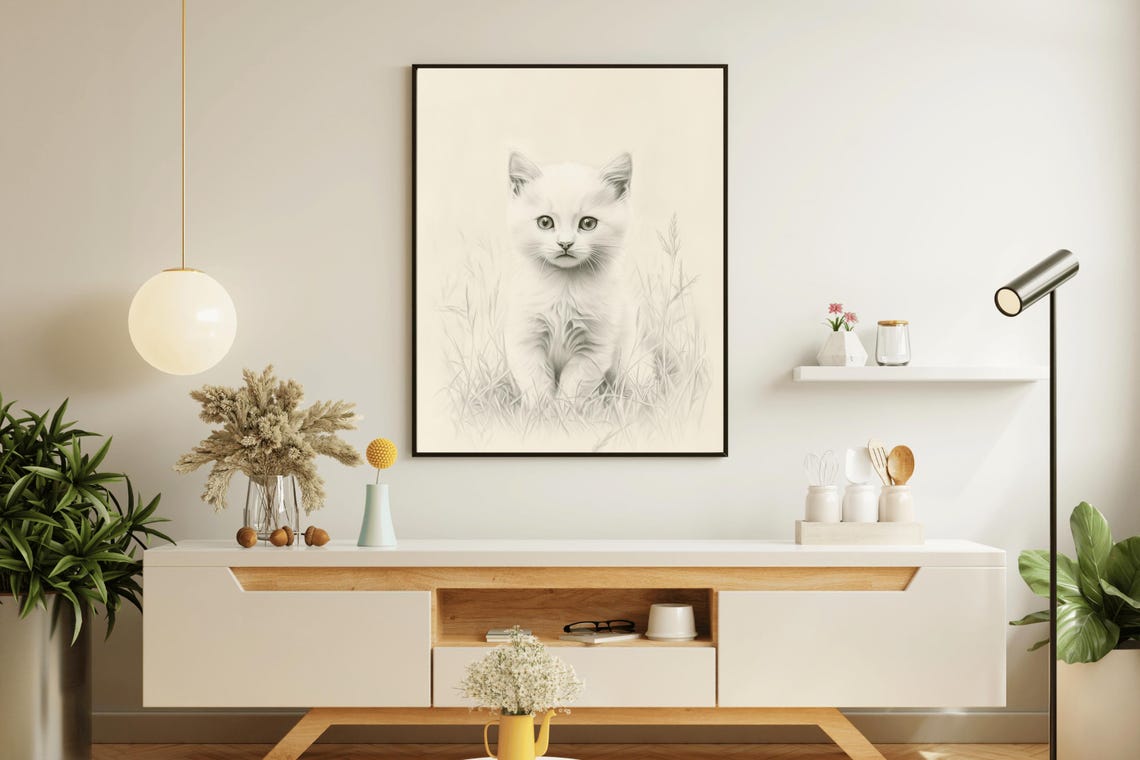 White Kitten Pencil Sketch Vintage Cat Drawing Nursery Wall Art Poster - Image 5
