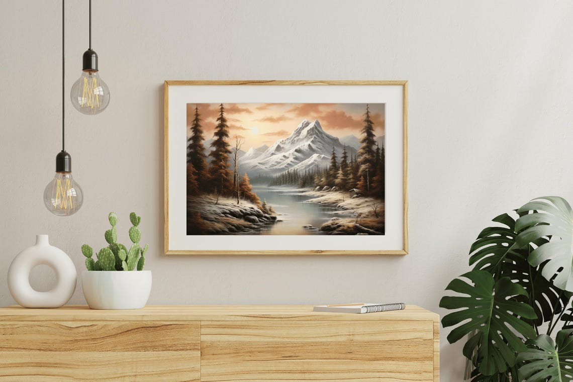 Snowcapped Peak Autumn Pines Sunset River Vintage Oil Painting Print - Image 5