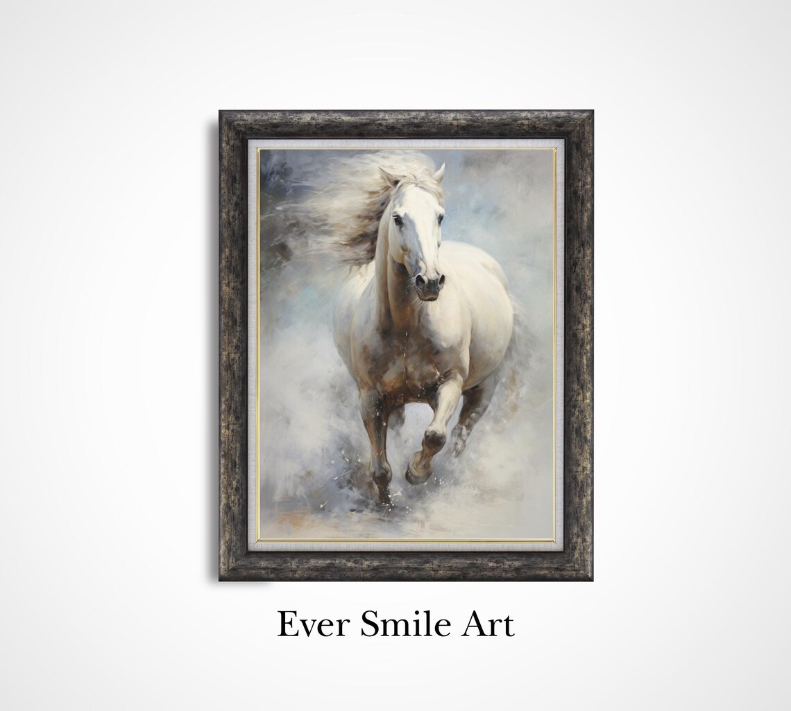 White Horse Galloping Through Mist Majestic Equine Oil Painting Print