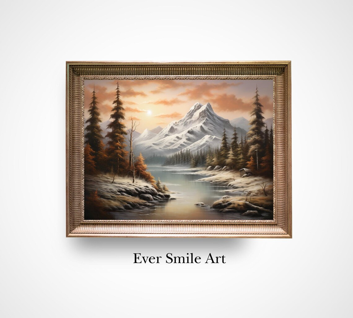 Snowcapped Peak Autumn Pines Sunset River Vintage Oil Painting Print