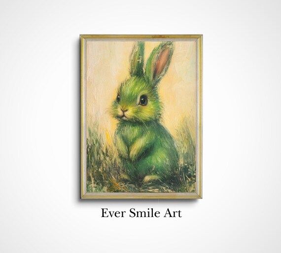 Green Bunny Whimsical Oil Painting Cute Nursery Animal Wall Art