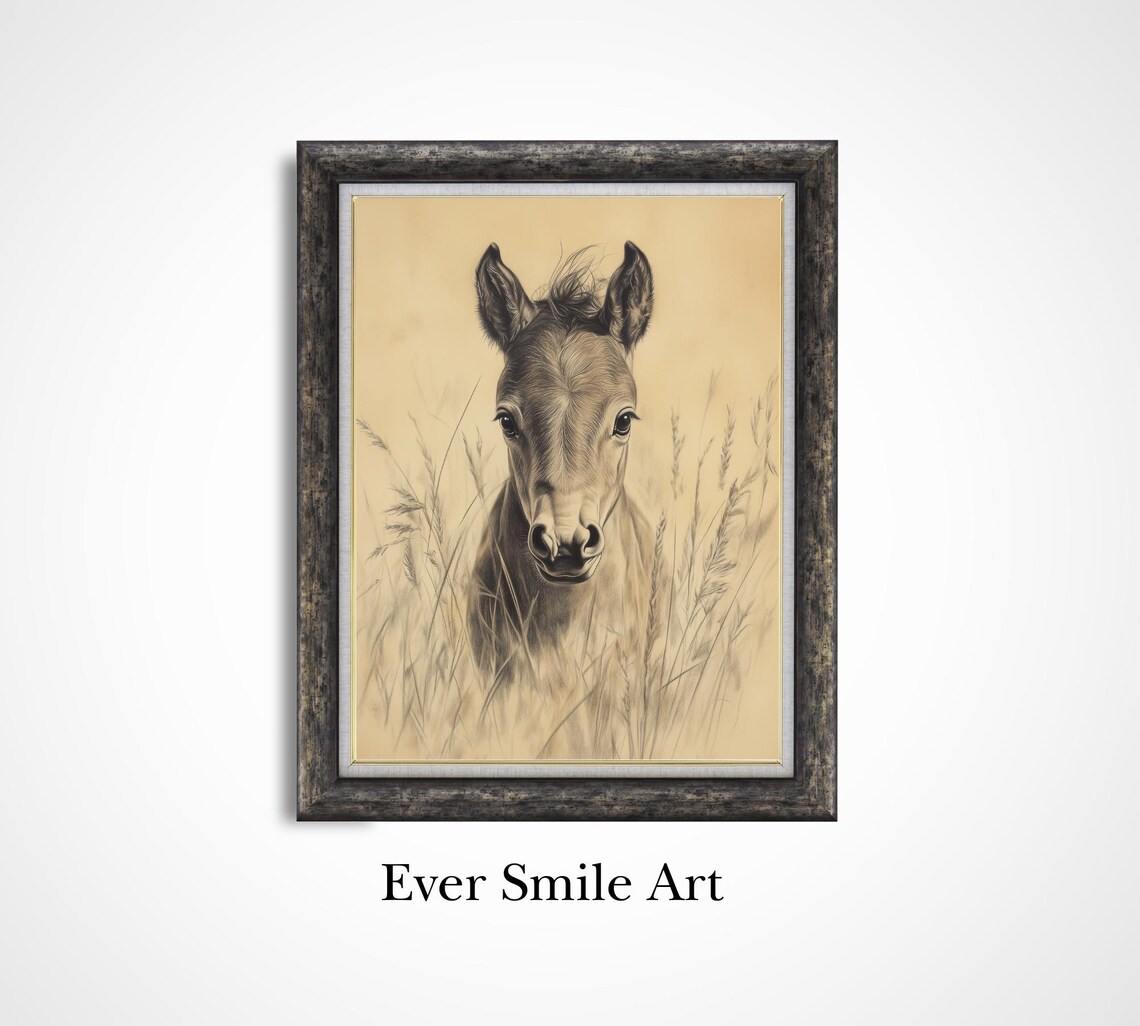 Baby Foal Pencil Sketch Vintage Horse Drawing Nursery Wall Art Poster