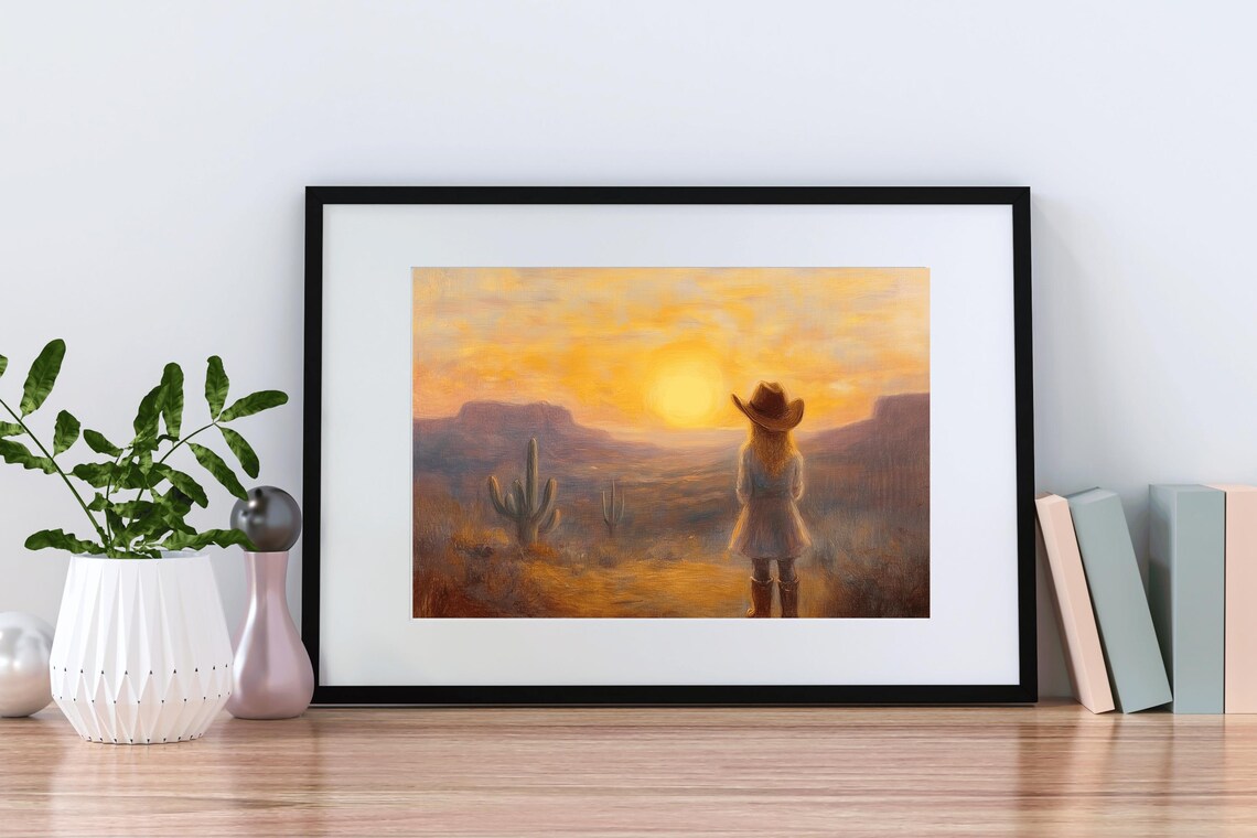 Little Cowgirl Golden Desert Sunset Dreamy Western Nursery Art Print - Image 2