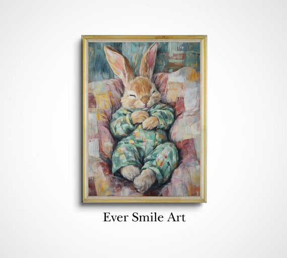 Bunny In Green Plaid Pajamas On Patchwork Quilt Vintage Art Poster