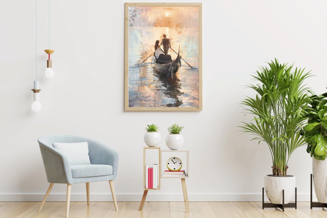 Romantic Couple Gondola Ride Golden Sunset Vintage Oil Painting Print - Image 3