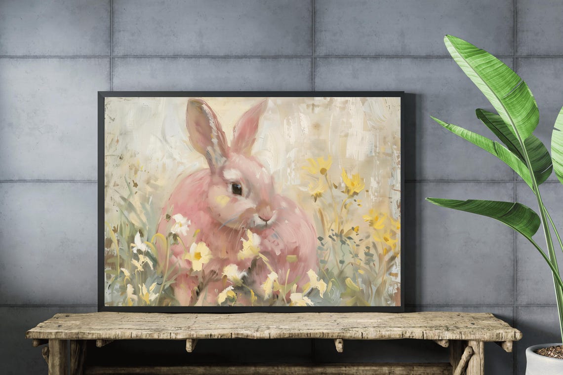 Pink Bunny In Wildflower Meadow Soft Vintage Easter Rabbit Art Poster - Image 3