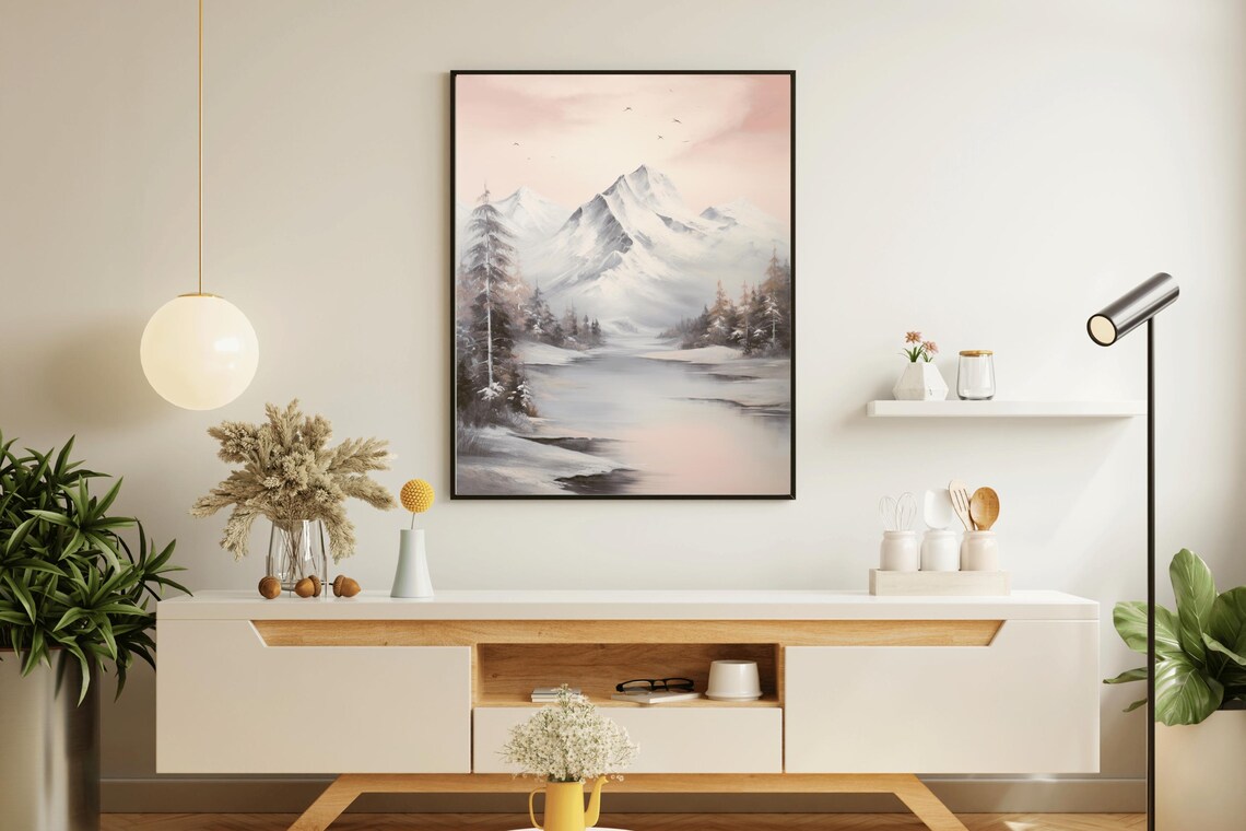 Snowcapped Mountain Pink Sky Still Lake Vintage Oil Painting Poster - Image 2