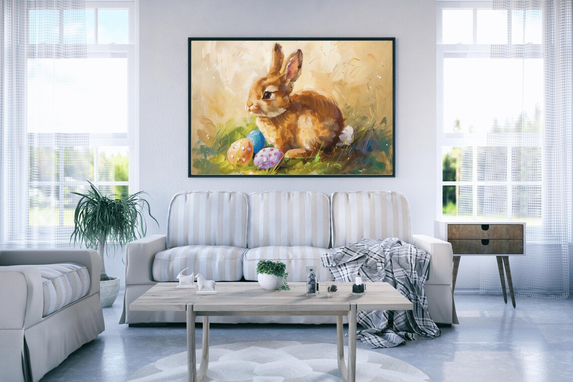 Brown Easter Bunny With Painted Eggs Vintage Spring Farmhouse Art Poster - Image 5
