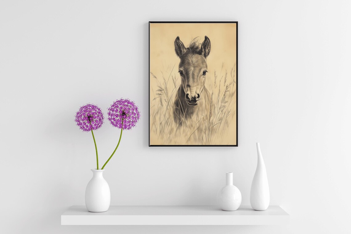 Baby Foal Pencil Sketch Vintage Horse Drawing Nursery Wall Art Poster - Image 2